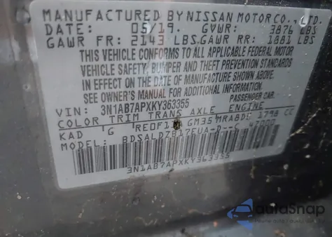 2019 Nissan Sentra S/Sv/Sr/Sl from USA, damaged, VIN 3N1AB7APXKY363355